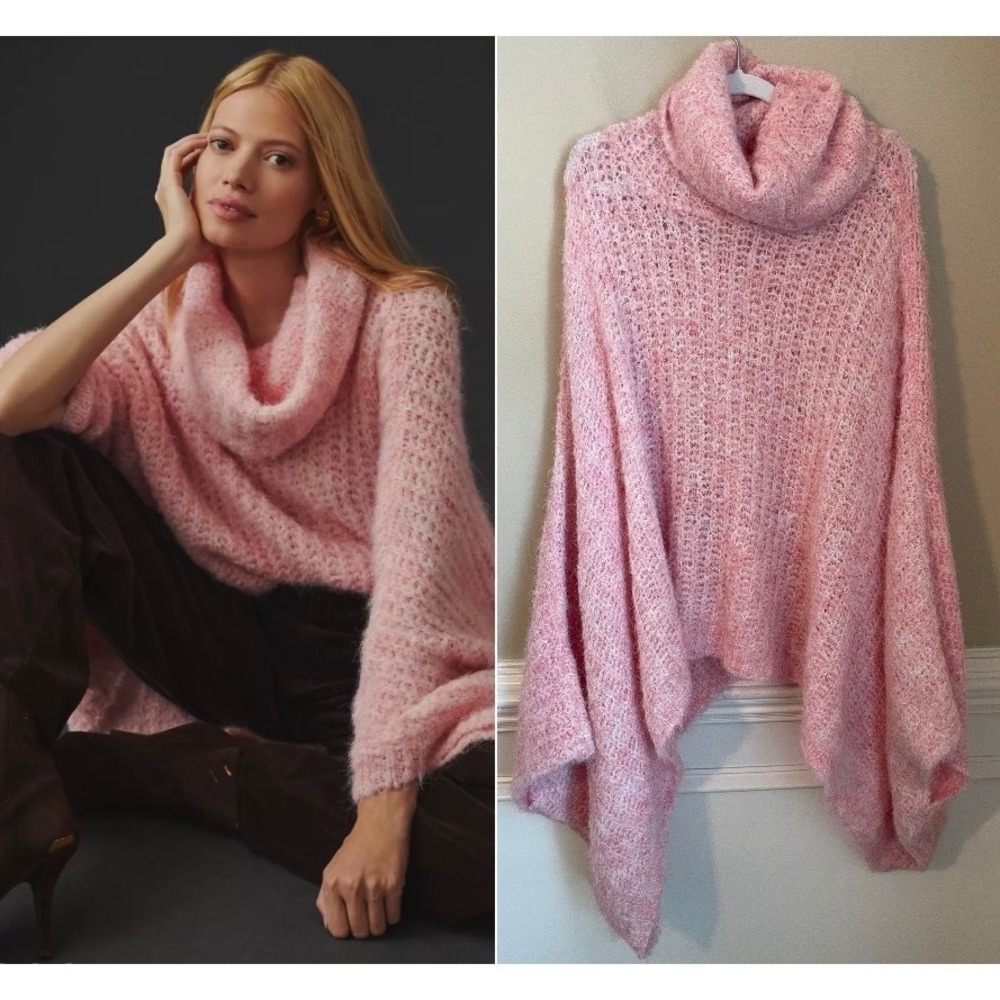 Anthropologie Funnel Neck Poncho Pullover‎ One Size Pink Fuzzy Oversize Cozy - Picture 2 of 10